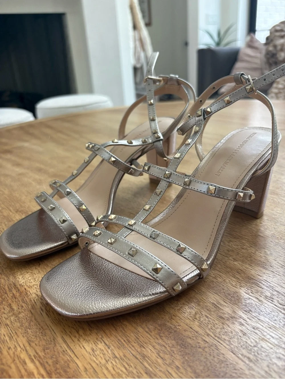 White House Black Market Metallic Studded Block Heel Sandals - Gold